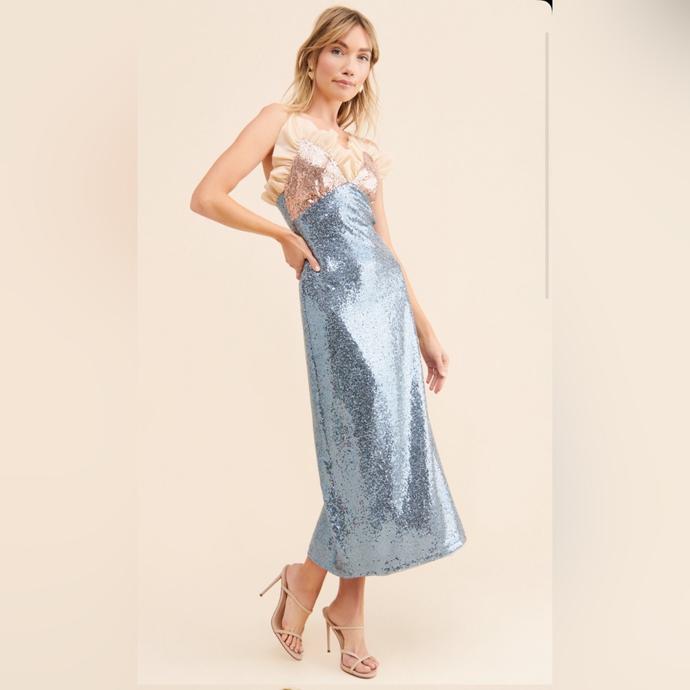 Sister Jane Element Sequin Midi Dress Ruffle V-Neck Anthropologie XS